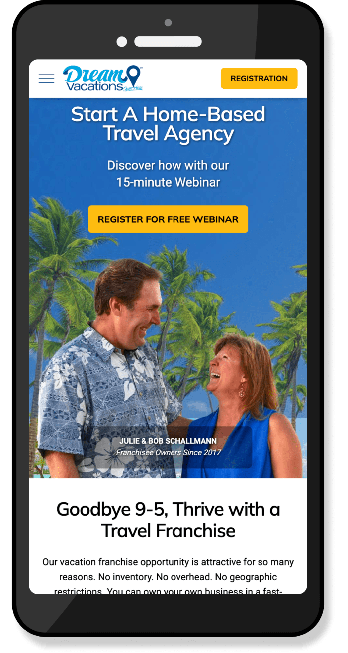 A mobile view of the Dream Vacations Franchise homepage hero