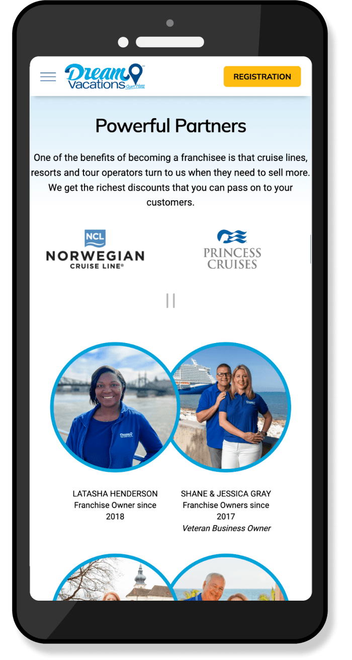 A mobile view of the Dream Vacations Franchise homepage content