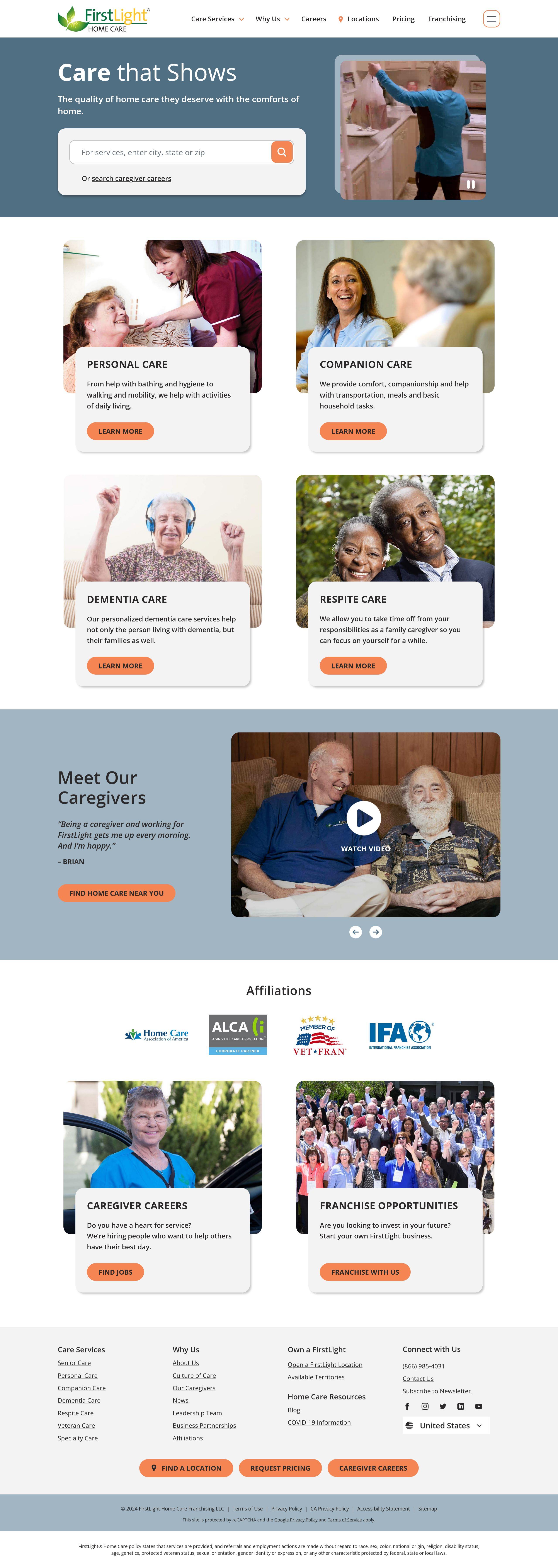 A full-page screenshot of the FirstLight Home Care homepage