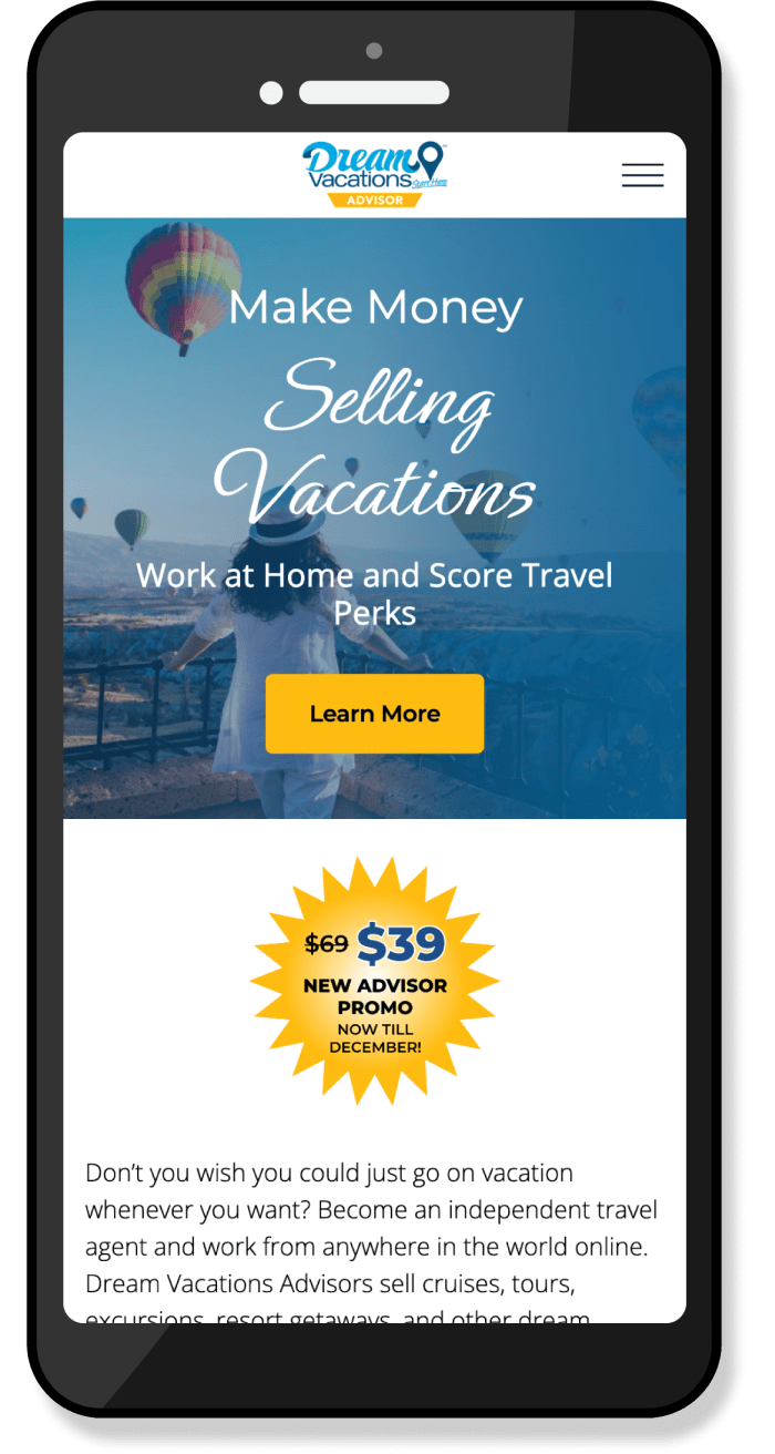 Mobile view of the Dream Vacations Advisor homepage