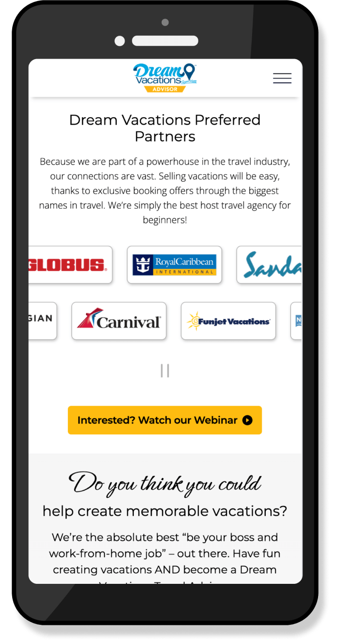 Mobile view of the Dream Vacations Advisor logos carousel