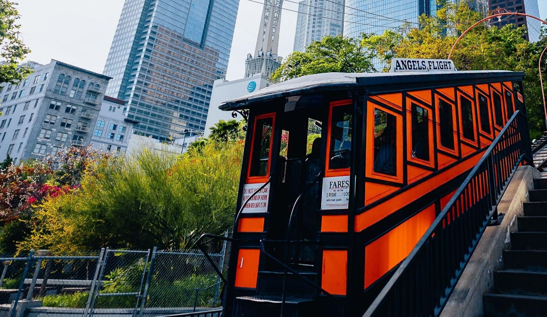 A trolley and several skyscrapers