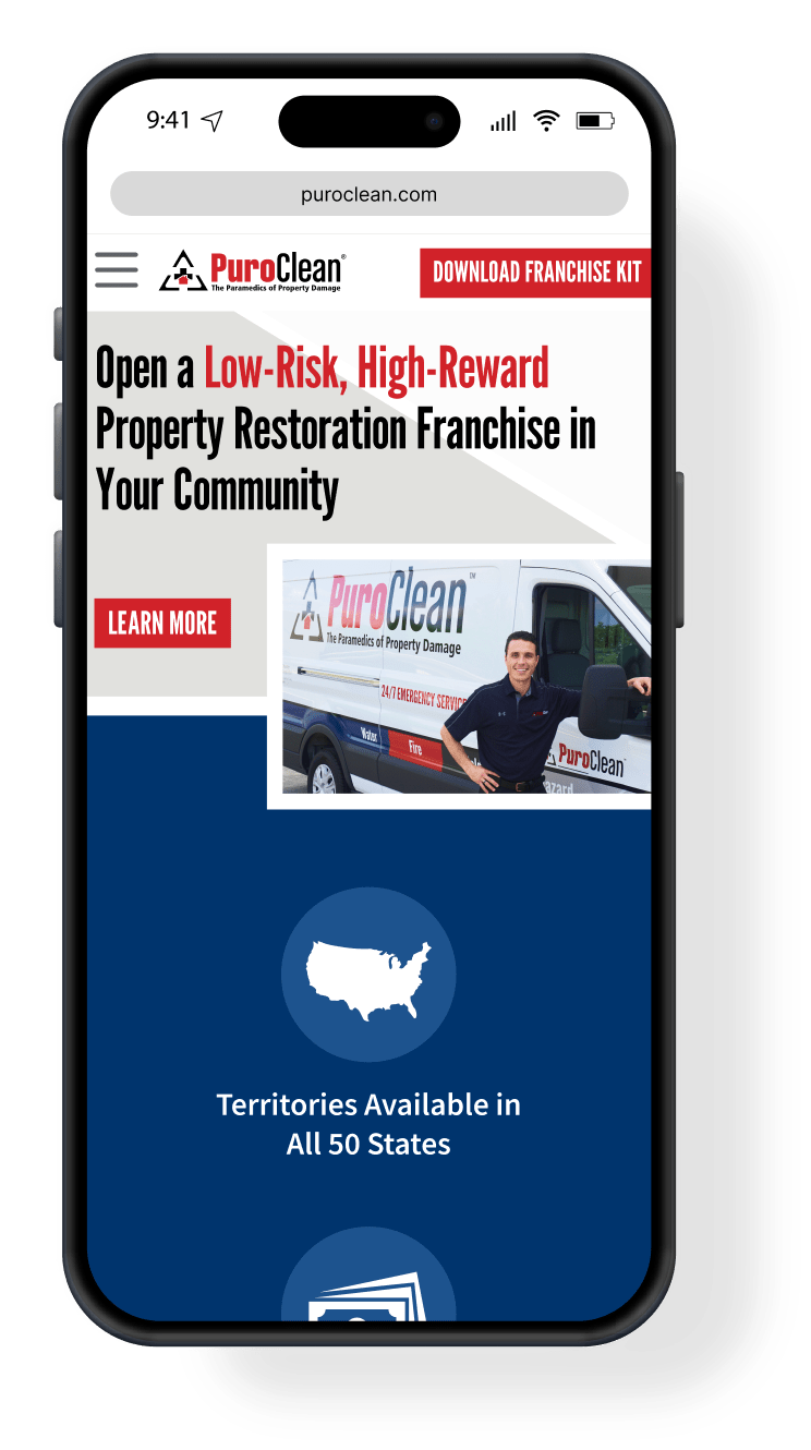 A mobile view of the PuroClean Franchise website homepage