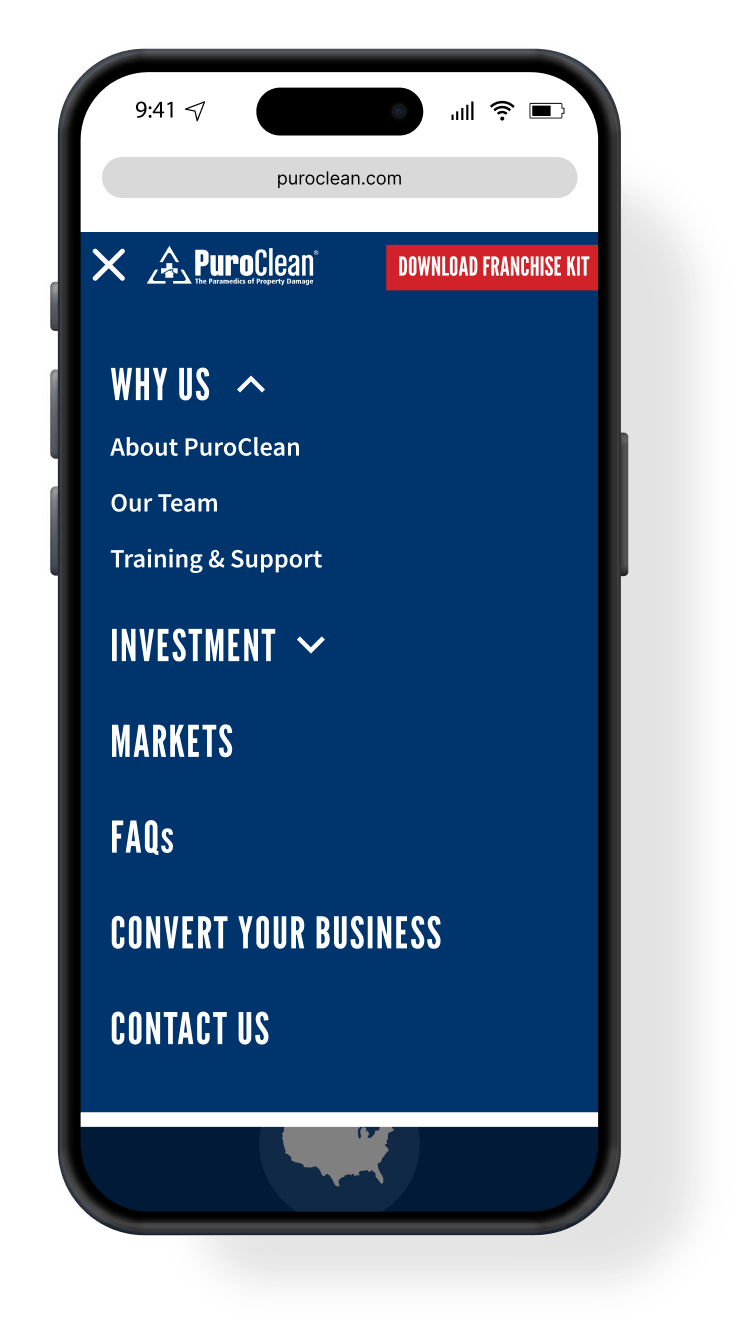 A mobile view of the PuroClean Franchise mobile menu