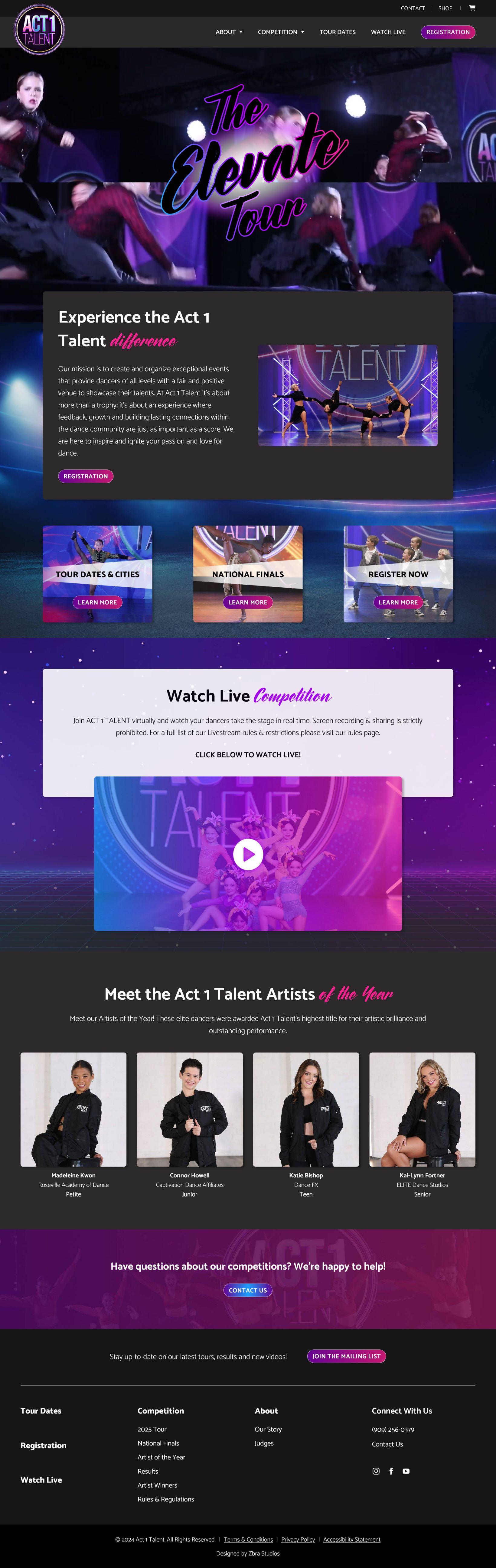 A full-page screenshot of the Act 1 Talent homepage